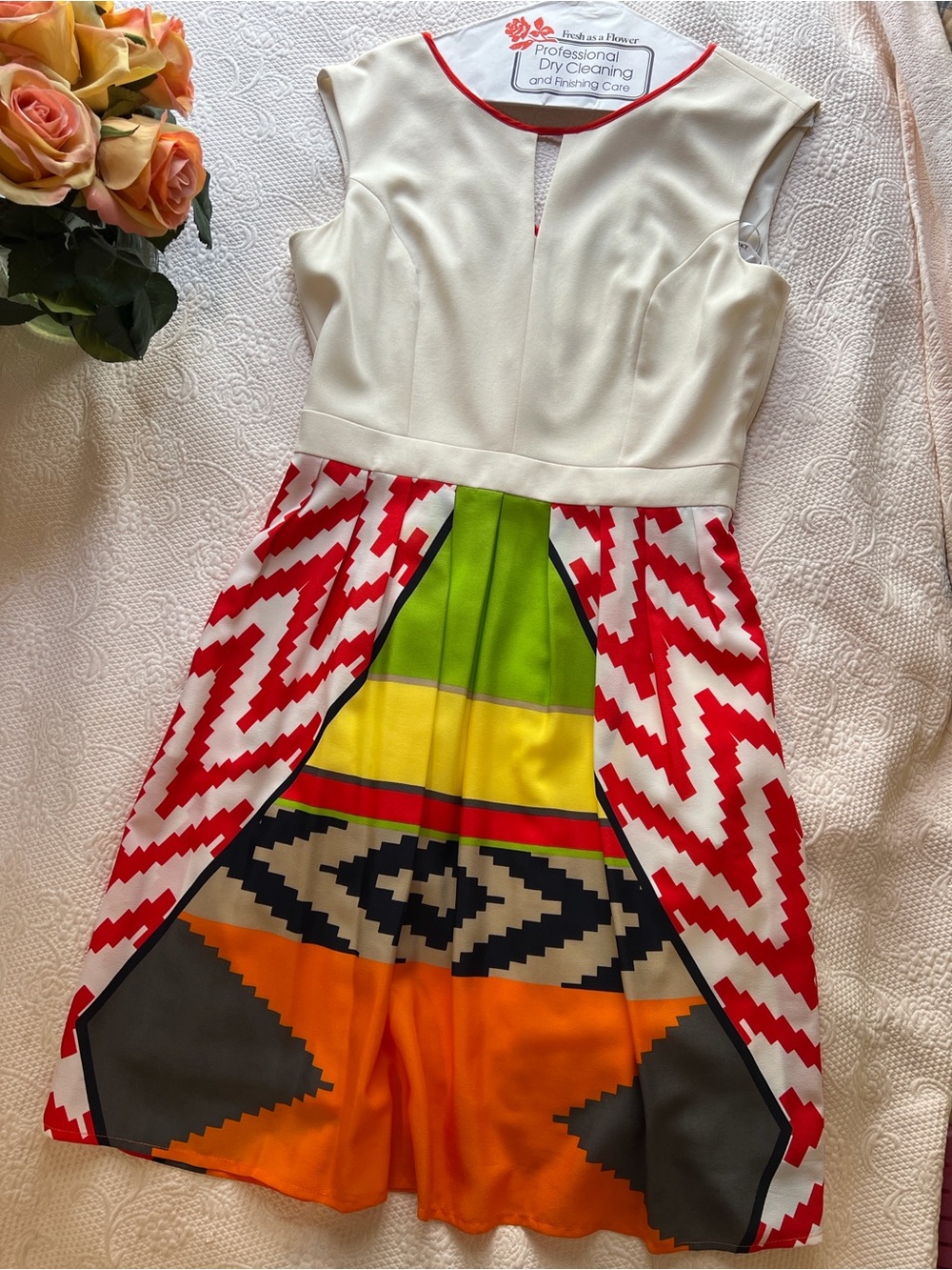 Ellen Tracy Cream Dress with Red, Green, Yellow, Orange, Black Geometric Print